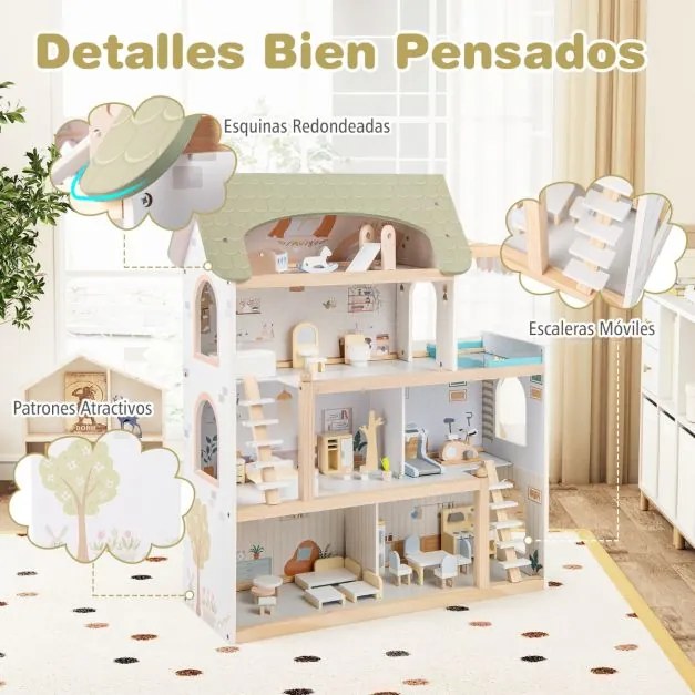 Casa de bonecas de madeira para crianças 63 x 25 x 78 cm com 33 acessórios de mobiliário, 6 quartos, para maiores de 3 anos, verde claro