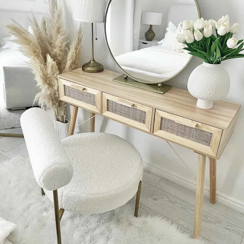 Mesa consola 105x30x75 cm pinho maciço e vime natural castanho