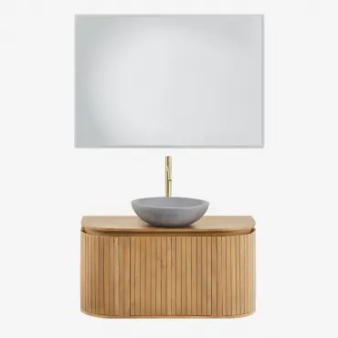 Conjunto De Móvel De Casa De Banho Suspenso Em Madeira De Manga Analis Madeira Natural & Cimento Cinzento Redondo Ø40 Cm Tarsis & Led - Sklum