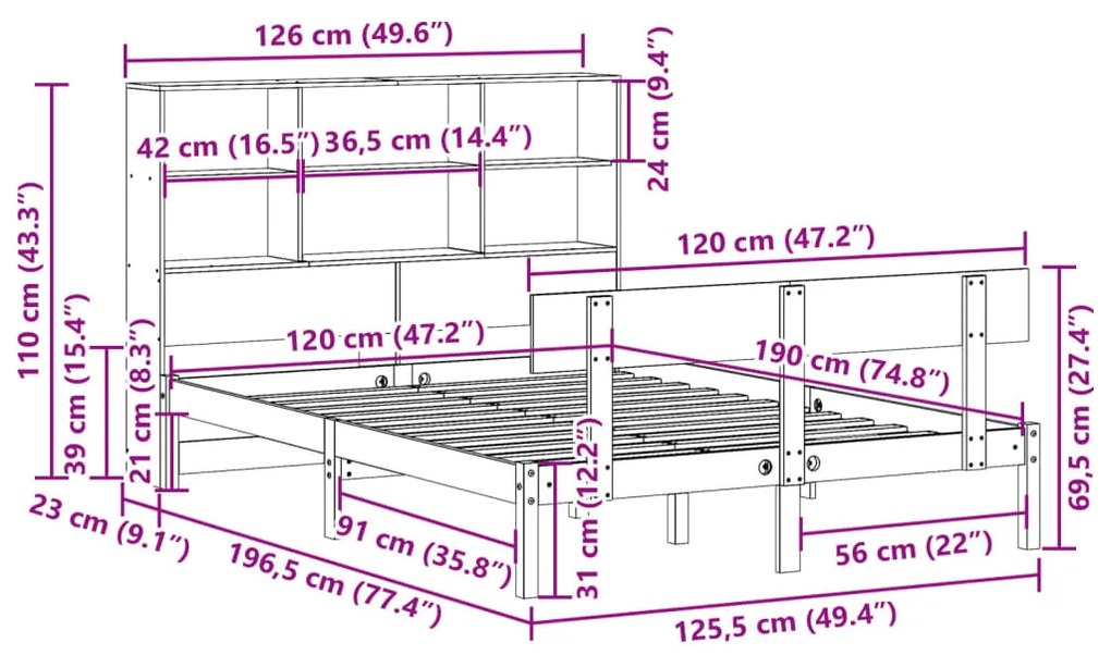 Cama com estante sem colchão 120x190 cm pinho maciço