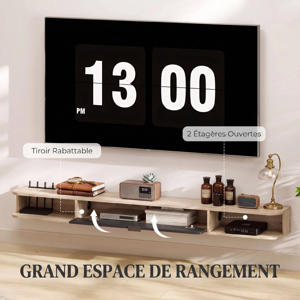 Móvel de TV suspenso 180 x 24 x 16 cm, móvel para televisores até 75 polegadas, gaveta rebatível, 2 prateleiras, cor madeira natural e preto