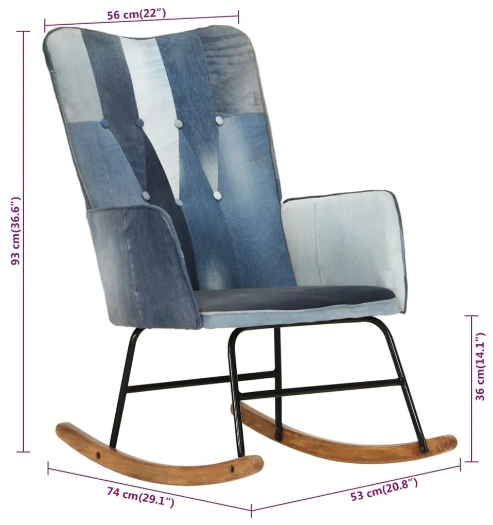 Cadeira de baloiço remendos lona azul denim