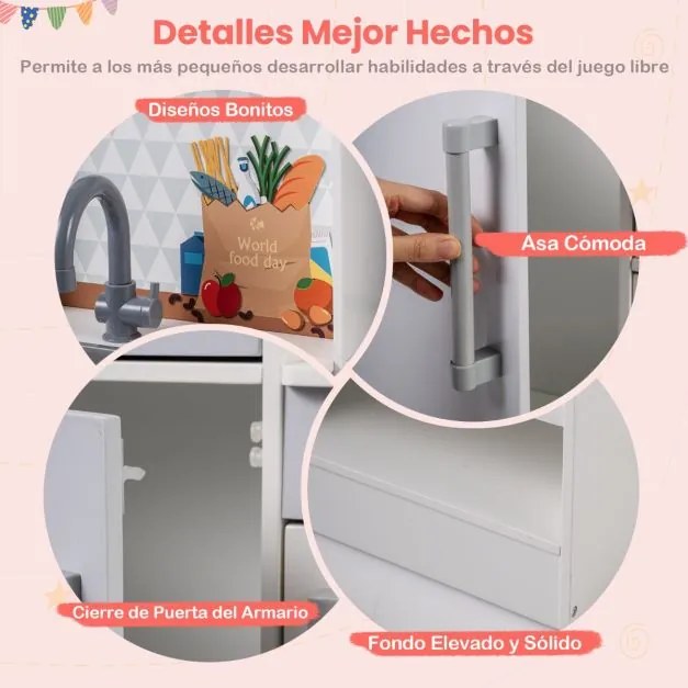 Cozinha de brincar dupla face em madeira 73 x 55 x 98 cm com dispensador de água, micro-ondas e utensílios simulados, luzes e sons, para maiores de 3