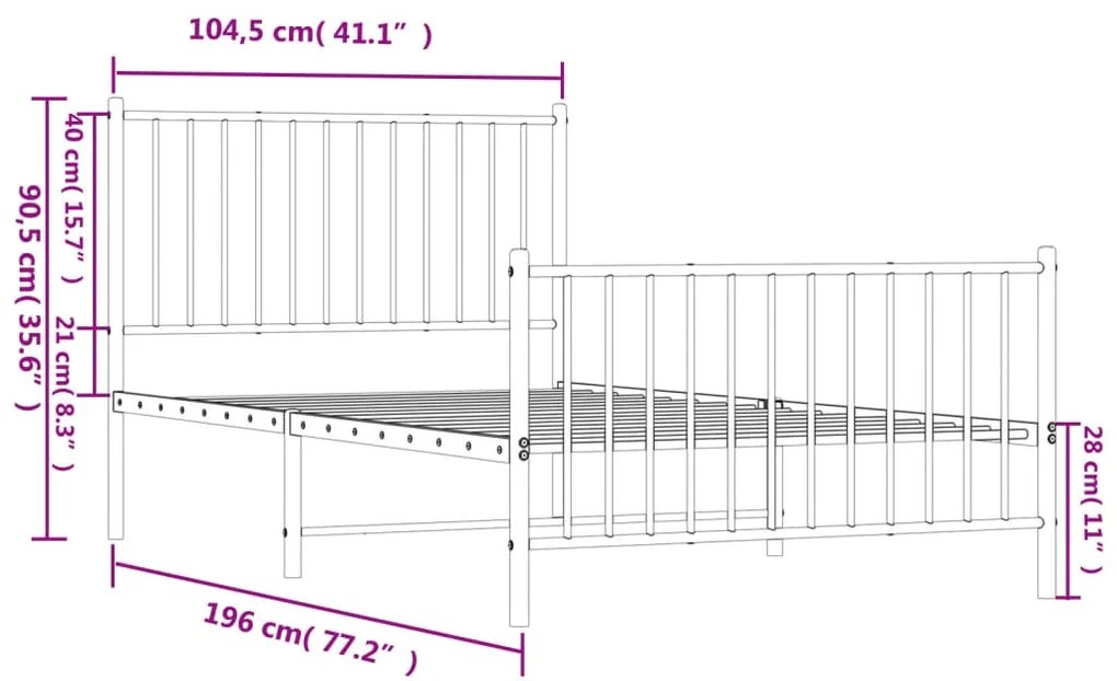 Estrutura de cama com cabeceira e pés 100x190 cm metal branco