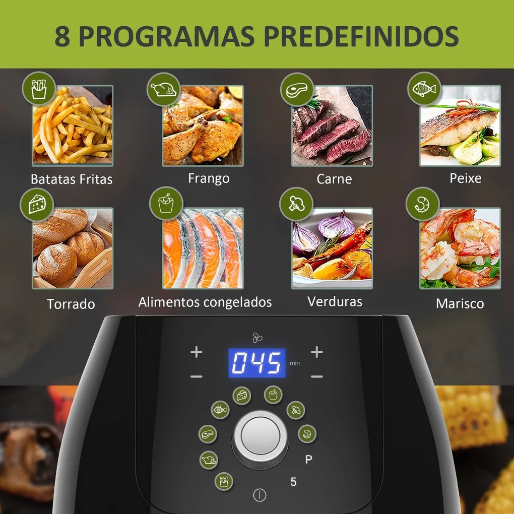 Fritadeira sem Azeite 5,5L Fritadeira de Ar 17000W com Tela Tátil 8 Programas Temporizador Temperatura Ajustável e Desligamento Automático 41x33x37cm