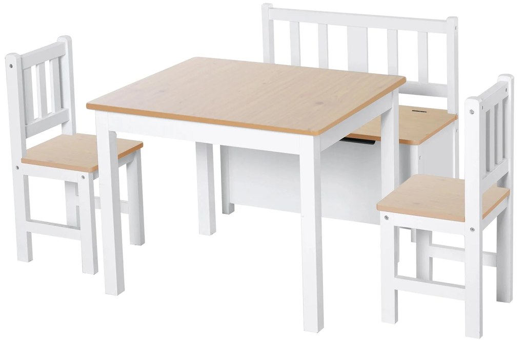 HOMCOM Conjunto Infantil de Mesa 2 Cadeiras e Banco com Armazenamento Móveis Infantil para Sala de Jogos Dormitório Branco e Natural | Aosom Portugal