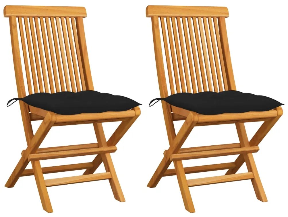 Cadeiras de jardim c/ almofadões pretos 2 pcs teca maciça