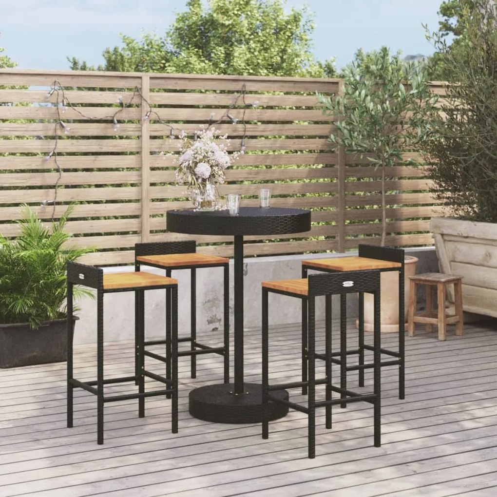 5 pcs conjunto de bar p/ jardim vime PE/acácia maciça preto