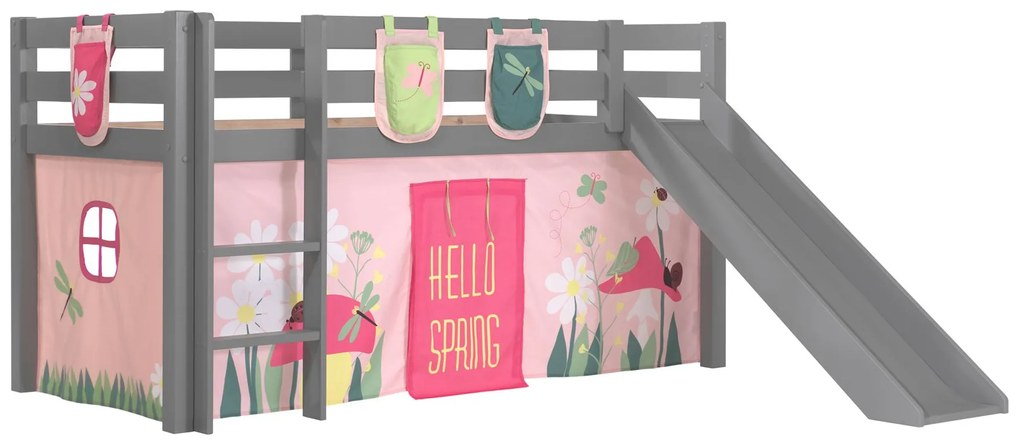 Conjunto Cama alta de Criança PINO 90 x 200 cm + estrado + escada + escorrega + cortina + bolsas de arrumação Primavera Cinzenta