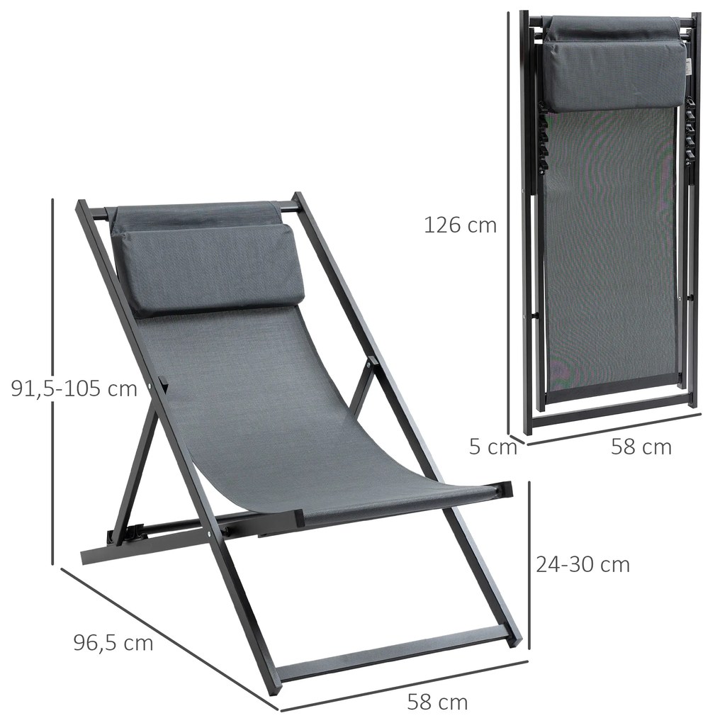 Outsunny Conjunto de 2 Espreguiçadeiras Dobráveis com Encosto Reclinável em 5 Posições e Apoio para a Cabeça Acolchoado 96,5x58x91,5cm Cinza Escuro
