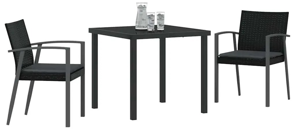 Conjunto de jantar de jardim de 3 peças com almofadas, preto, em ratta