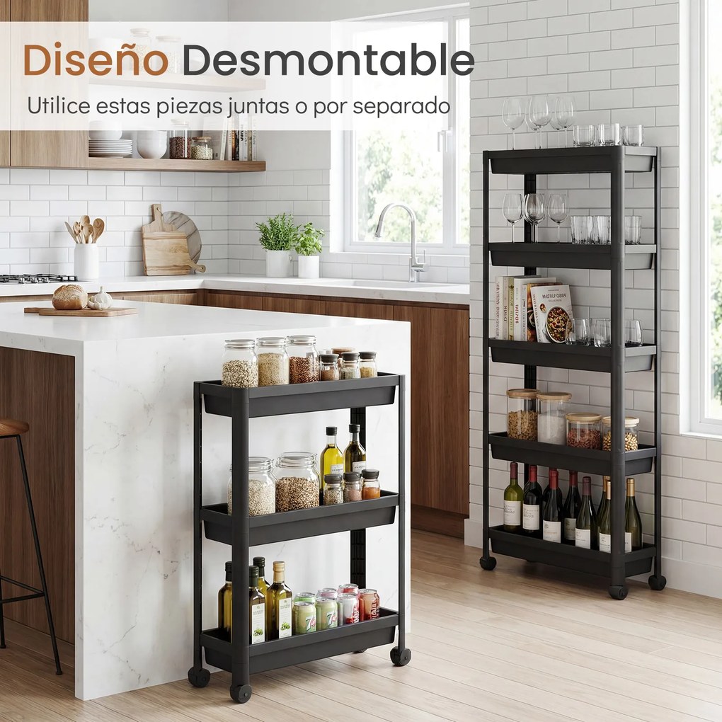 Carrinho de 5 prateleiras, estreito, com rodas suaves 54 x 18,5 x 124 cm em PP Organizador multifuncional para casa de banho, cozinha e lavandaria Pre