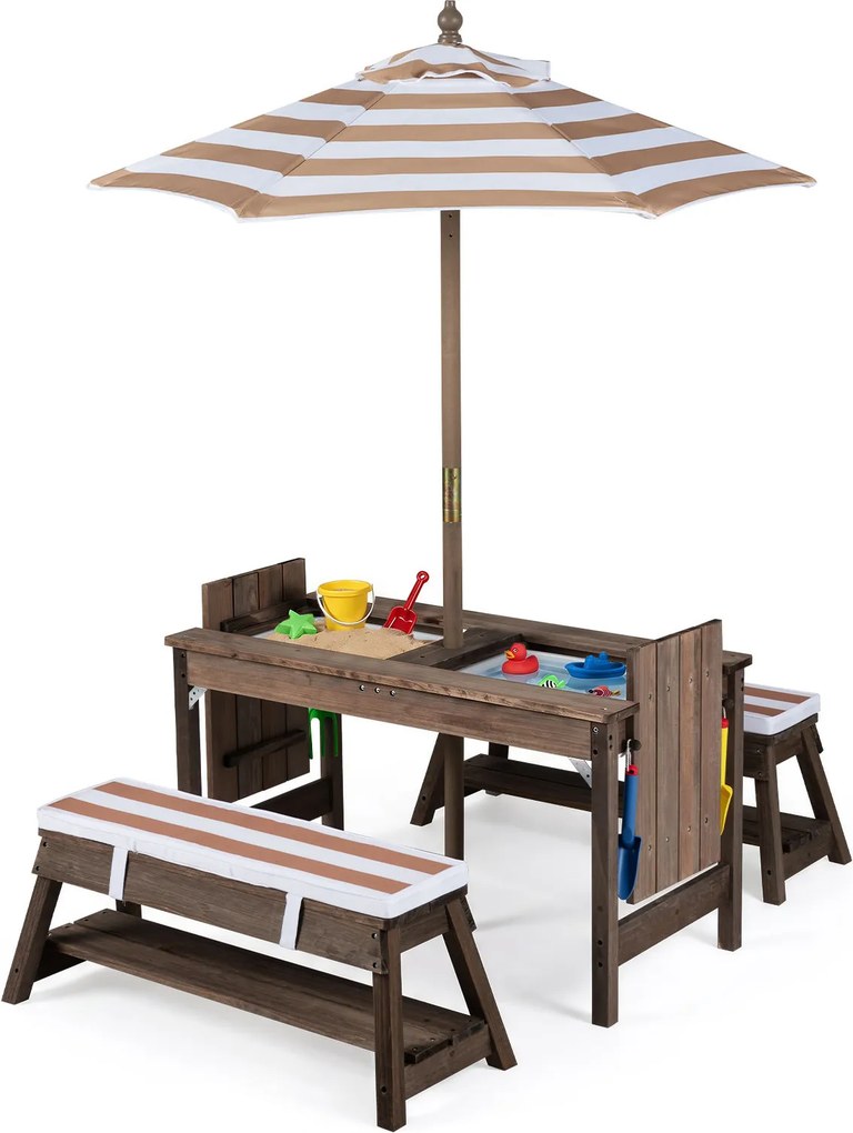Conjunto de Mesa Infantil com 2 Bancos e Sombrilha, 89 x 44 x 50 cm, Sombrilha Ajustável em 3 Posições, Castanho