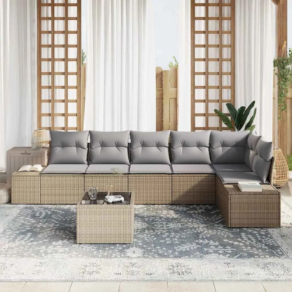 Conjunto de Sofás de Jardim com 7 Peças e Almofadas Beges em Poly Ratt