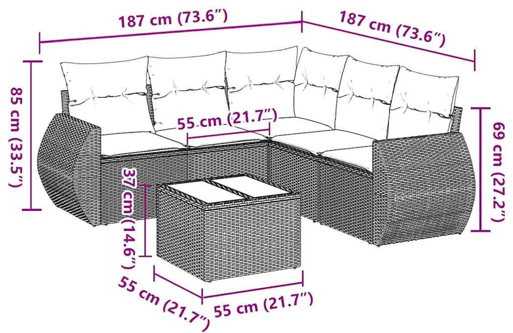 6 pcs conjunto sofás de jardim c/ almofadões vime PE preto