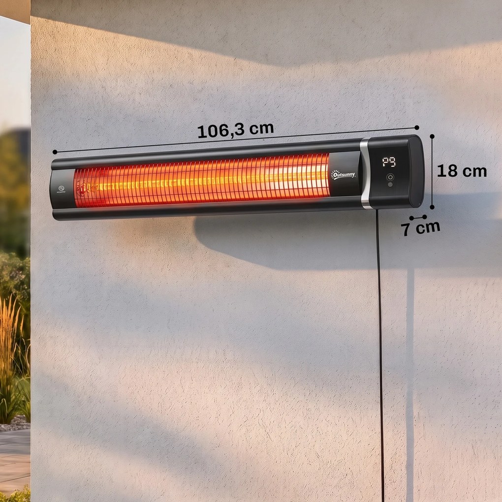 Aquecedor Infravermelho Elétrico de Terraço 3000 W Mural IP65 9 Níveis Temporizador 24 h Preto