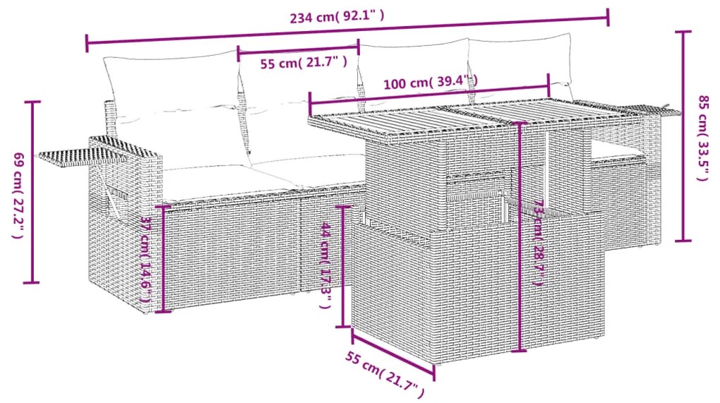 5 pcs conjunto sofás de jardim com almofadões vime PE preto
