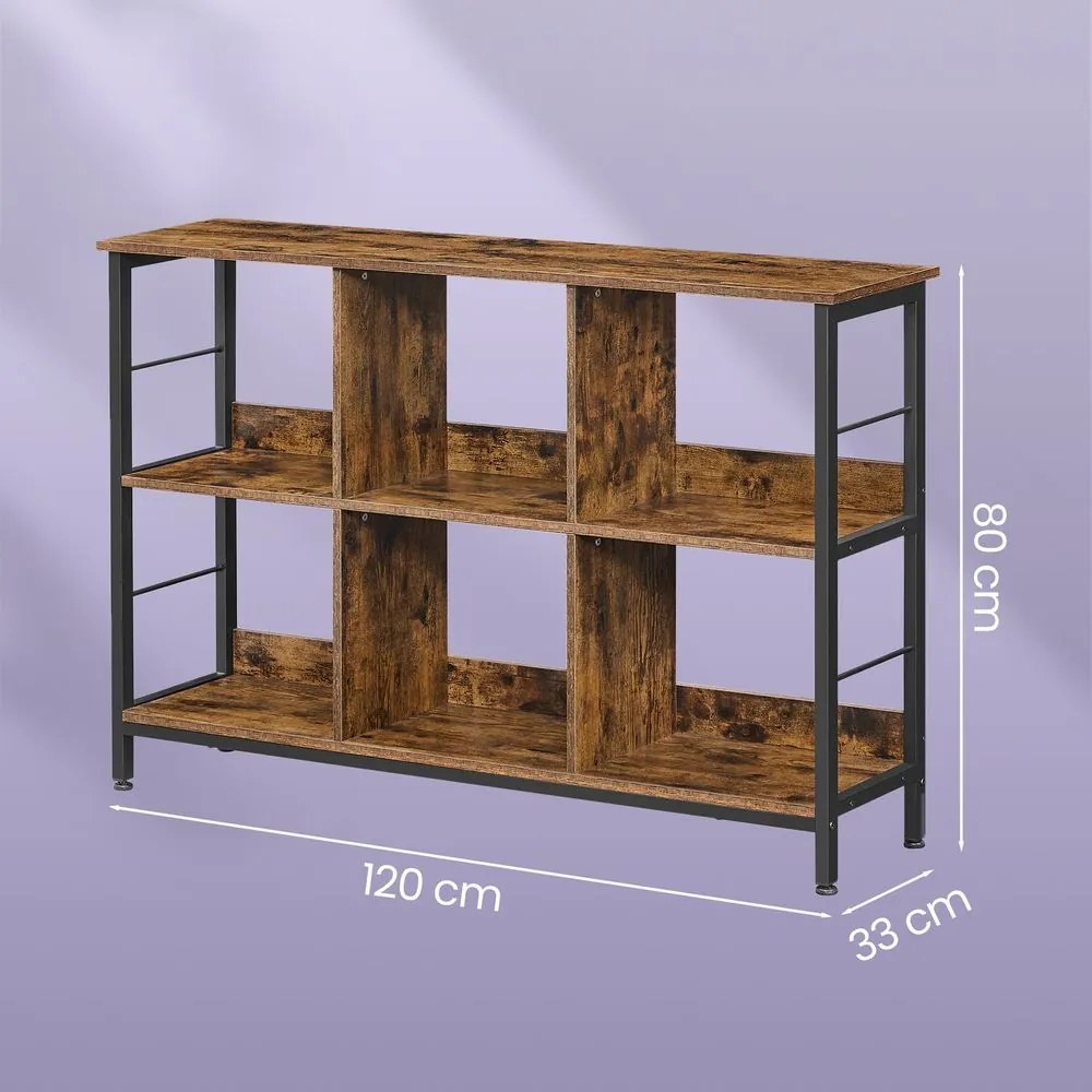 Estante de livros de 2 andares 33 x 120 x 80 cm com 6 compartimentos castanho-preto