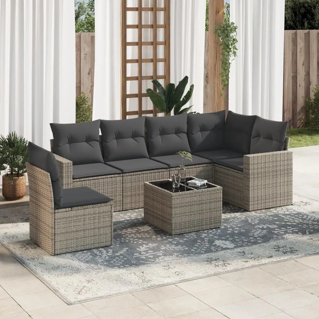 7 pcs conjunto sofás p/ jardim c/ almofadões vime PE cinzento