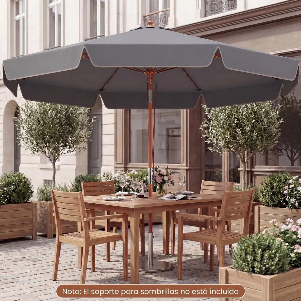 Guarda-sol para pátio de 300 cm com botão de inclinação (BASE NÃO INCLUIDA), cabo de madeira, cobertura ventilada e 8 varas – para jardim, praia, pisc