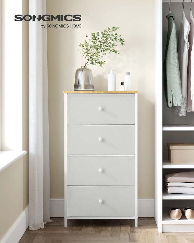 Cómoda com 4 gavetas em tecido e estrutura metálica 30 x 45 x 91,7 cm carvalho e branco