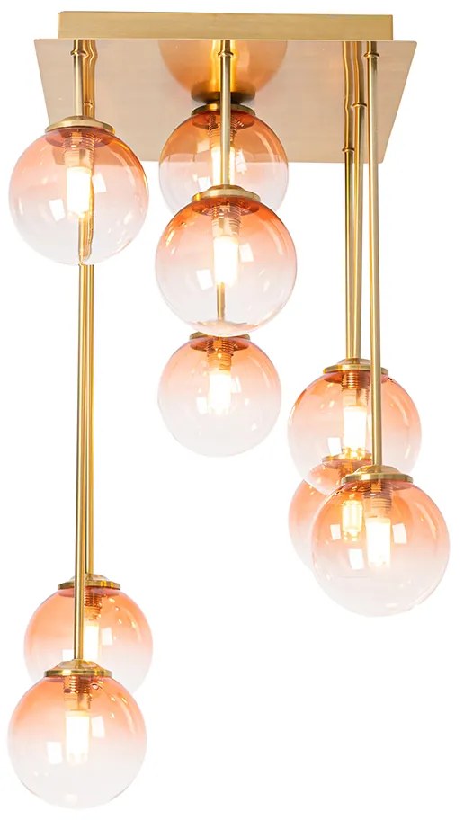 Candeeiro de teto Art Deco dourado com vidro rosa 9 luzes - Athens