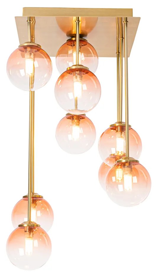 Candeeiro de teto Art Deco ouro com vidro rosa 9 luzes - Atenas Art Deco