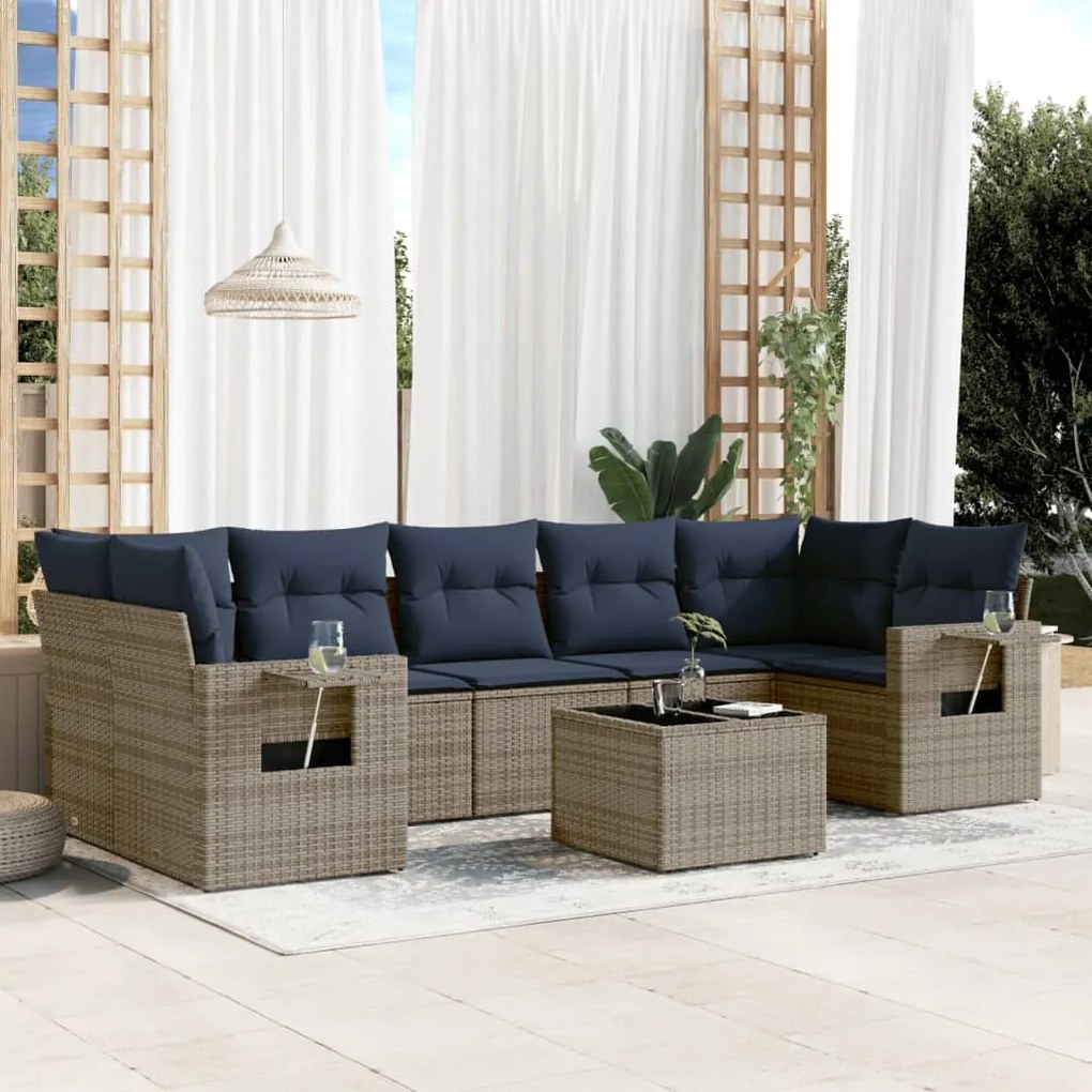 vidaXL 8 pcs conjunto sofás p/ jardim c/ almofadões vime PE cinzento
