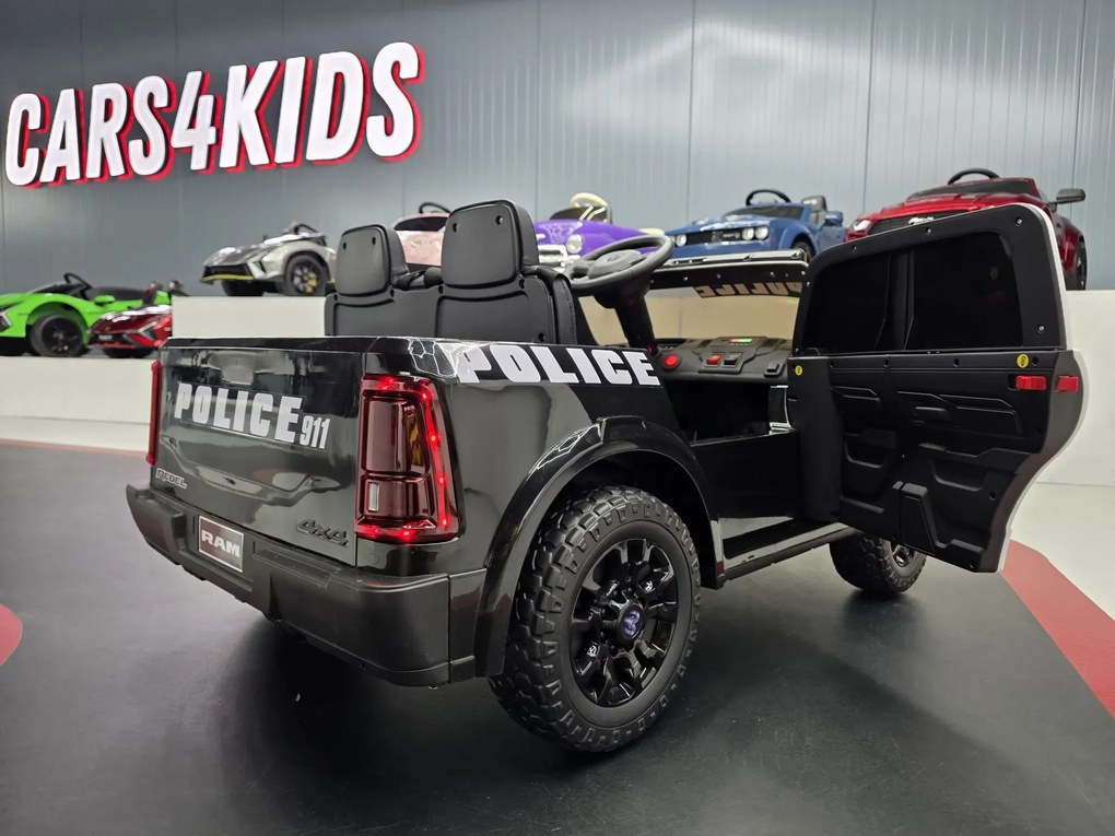 Carro Infantil bateria 12V Dodge RAM Policia, Pneus Borracha, Assento de couro Preto