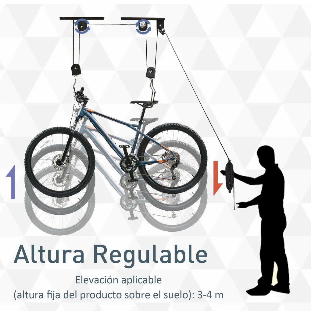 HOMCOM Suporte de bicicletas de teto Roldanas Cordas Altura Ajustável25,1x 8,7x 1,5 cm carga 20kg