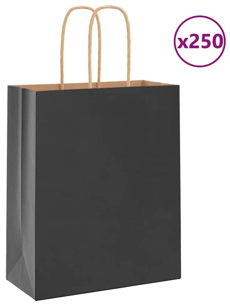vidaXL Sacos de papel 250 unid com alças preto 18x8x22 cm