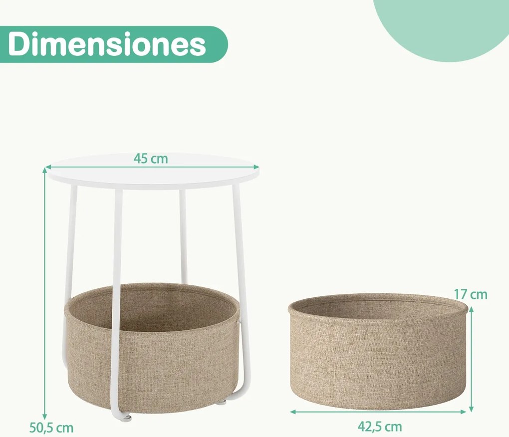 Mesa apoio, Mesa de cabeceira redonda 45 x 45 x 50,5 cm de 2 níveis com cesto de armazenamento em tecido pequena moderna Branca