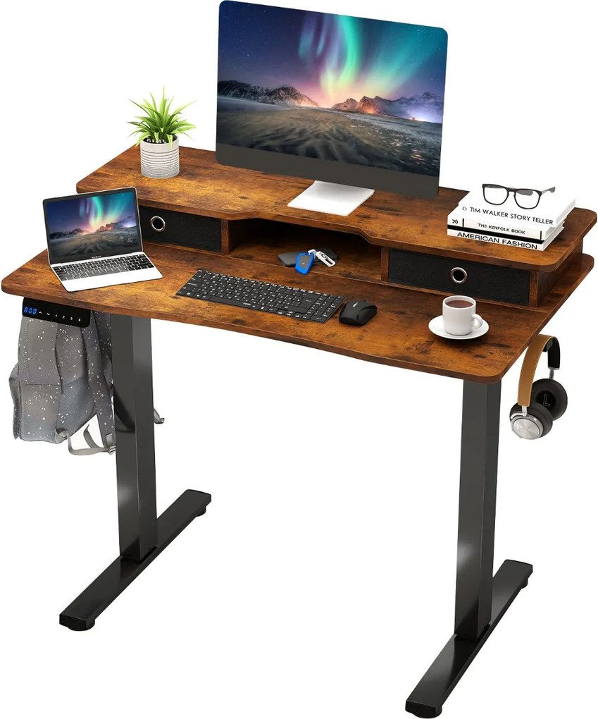 Secretária elétrica com pé 100 x 60 cm com 2 gavetas, altura ajustável e suporte para monitor Castanha