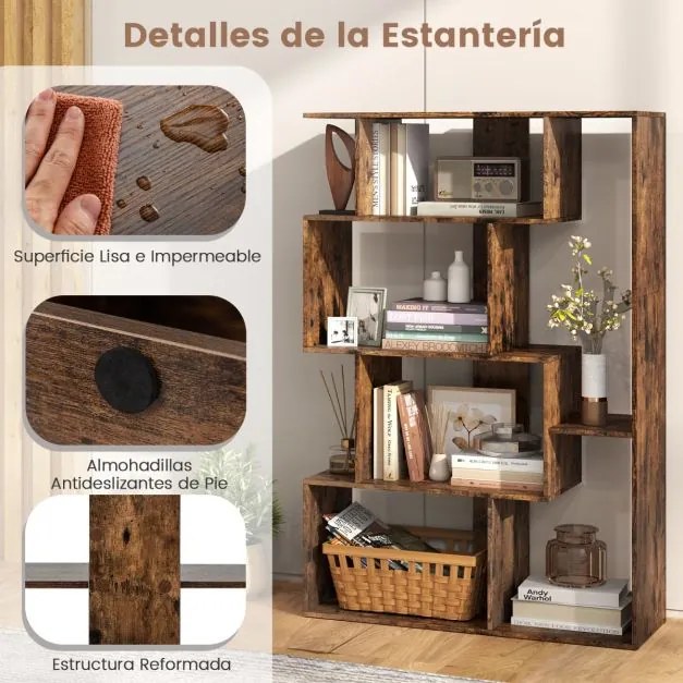 Estante em forma de S com 4 níveis, 6 compartimentos abertos e 2 dispositivos antiderrapantes para escritório ou estúdio, 80 x 30 x 119 cm, castanho