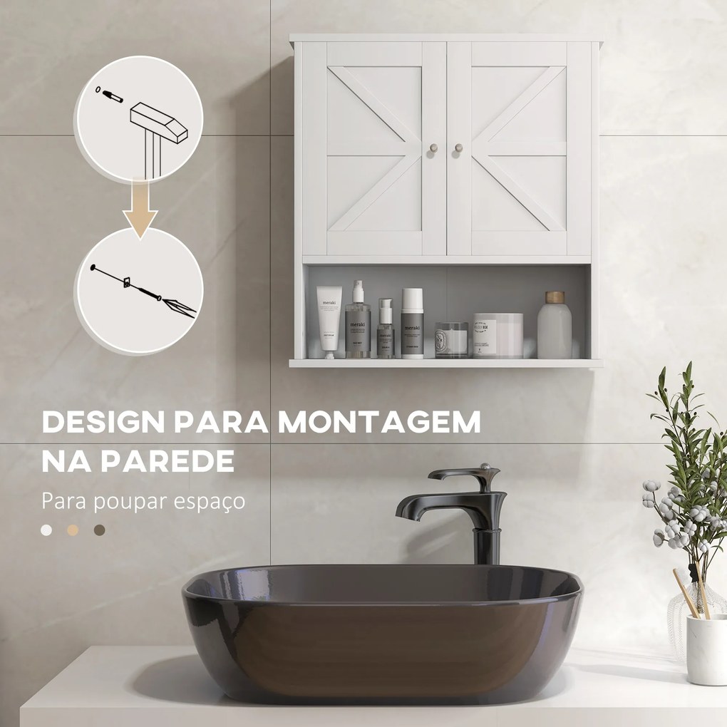 Armário de Parede para Casa de Banho Rústico com Compartimento Prateleira Ajustável 58x20x61,4 cm Branco
