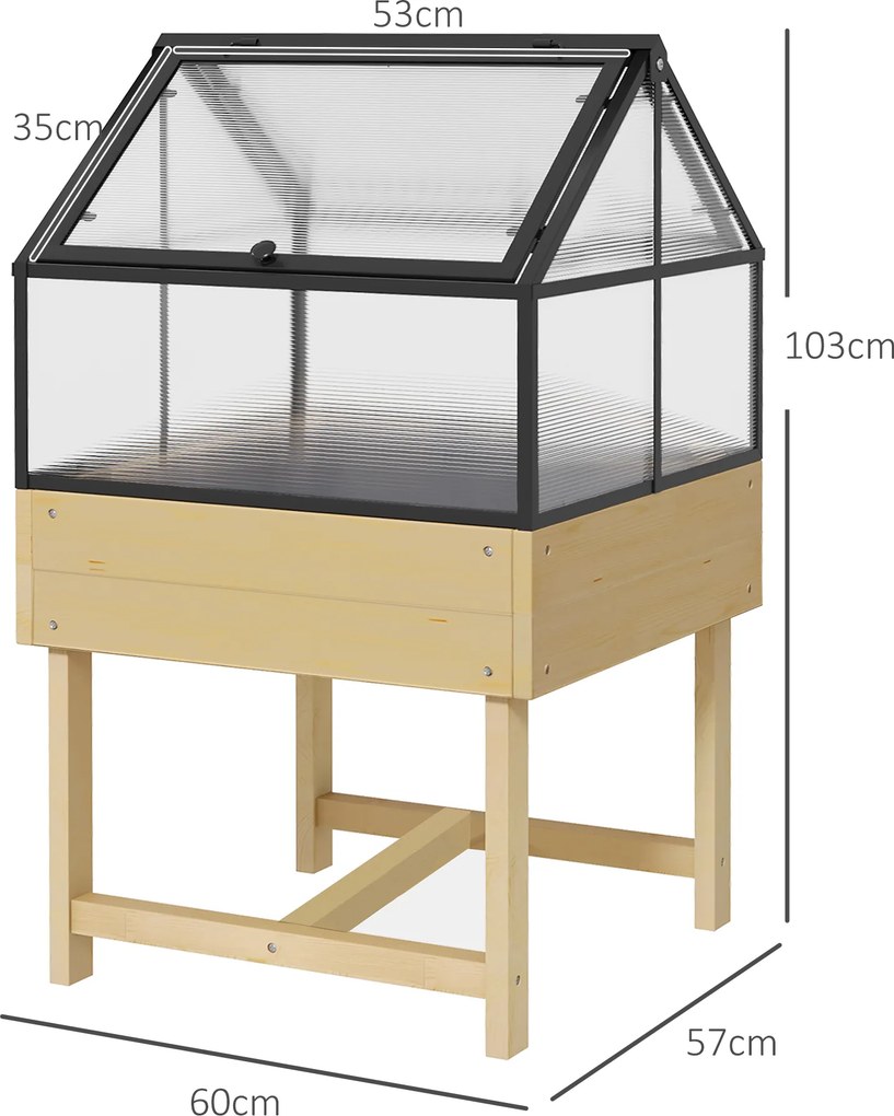 Mini-estufa com pés, dimensões: 60L x 57l x 103H cm, com teto duplo que se abre; painéis de policarbonato, aço e madeira de abeto tratada