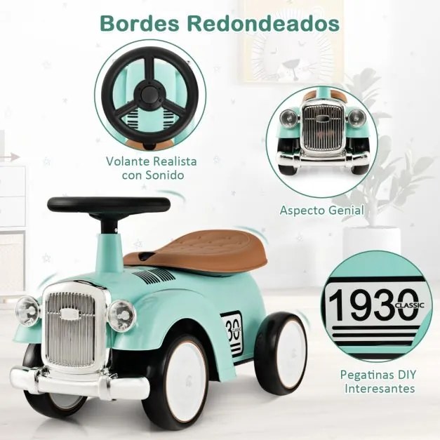 Andarilho de brincar carro retro para crianças, sem pedais, com arrumação e rodas em EVA Verde
