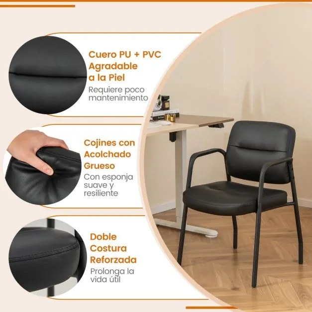 Conjunto de 2 cadeiras de receção estofadas em couro sintético misto com apoios de braços integrados para escritório, conferência e clínica Preto