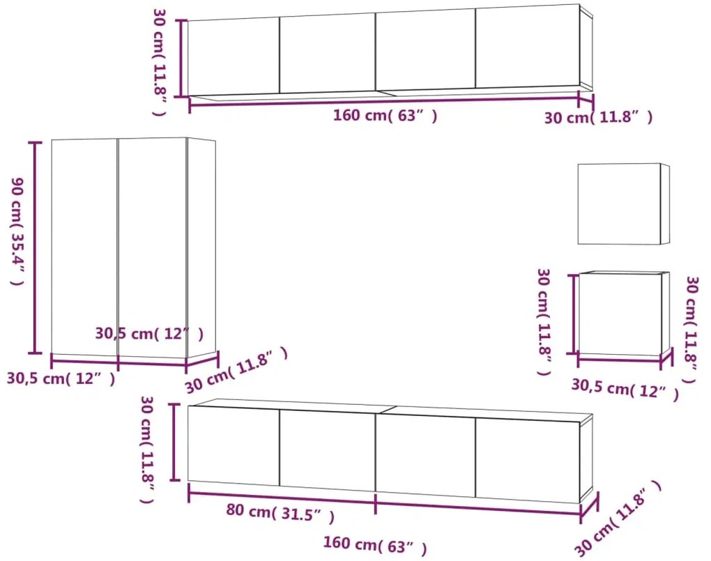 Conjunto móveis de TV 8 pcs madeira processada cinzento cimento