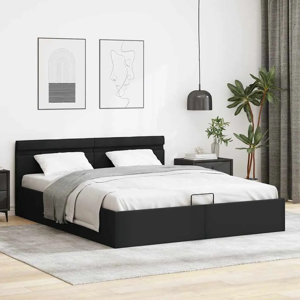 Cama hidráulica LED c/ arrumação 160x200cm couro artifi. preto