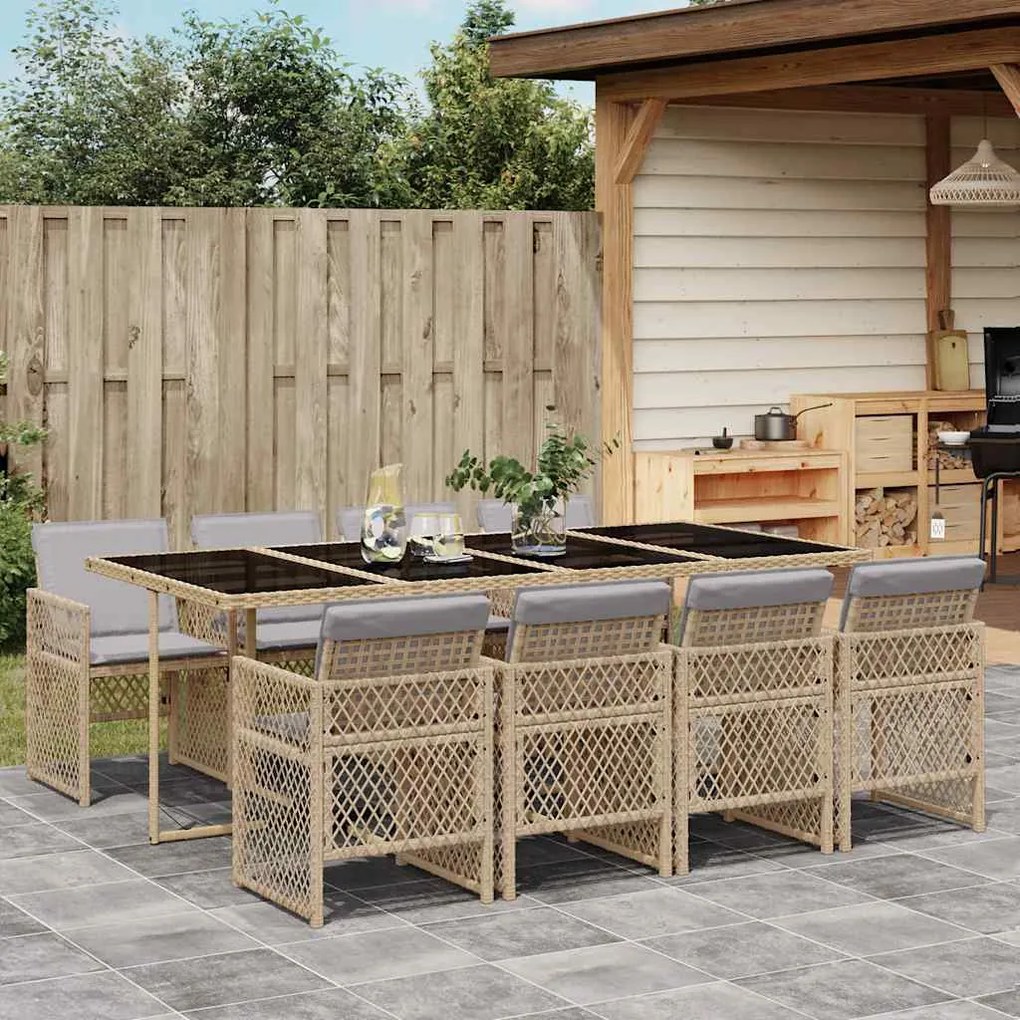 9 pcs conjunto de jantar p/ jardim com almofadões vime PE bege