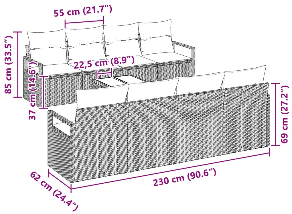 Conjunto de Sofá de Jardim vidaXL de 9 peças com Almofadas Bege em Rat
