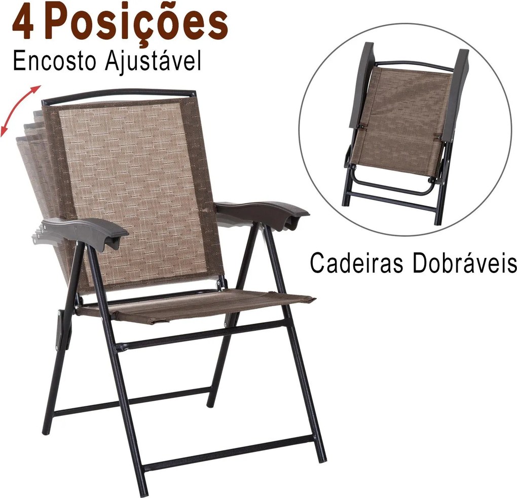 Conjunto de Mesa e 2 Cadeiras Cadeira Dobrável Encosto Reclináveis a 4 Níveis Armação de Aço Castanho