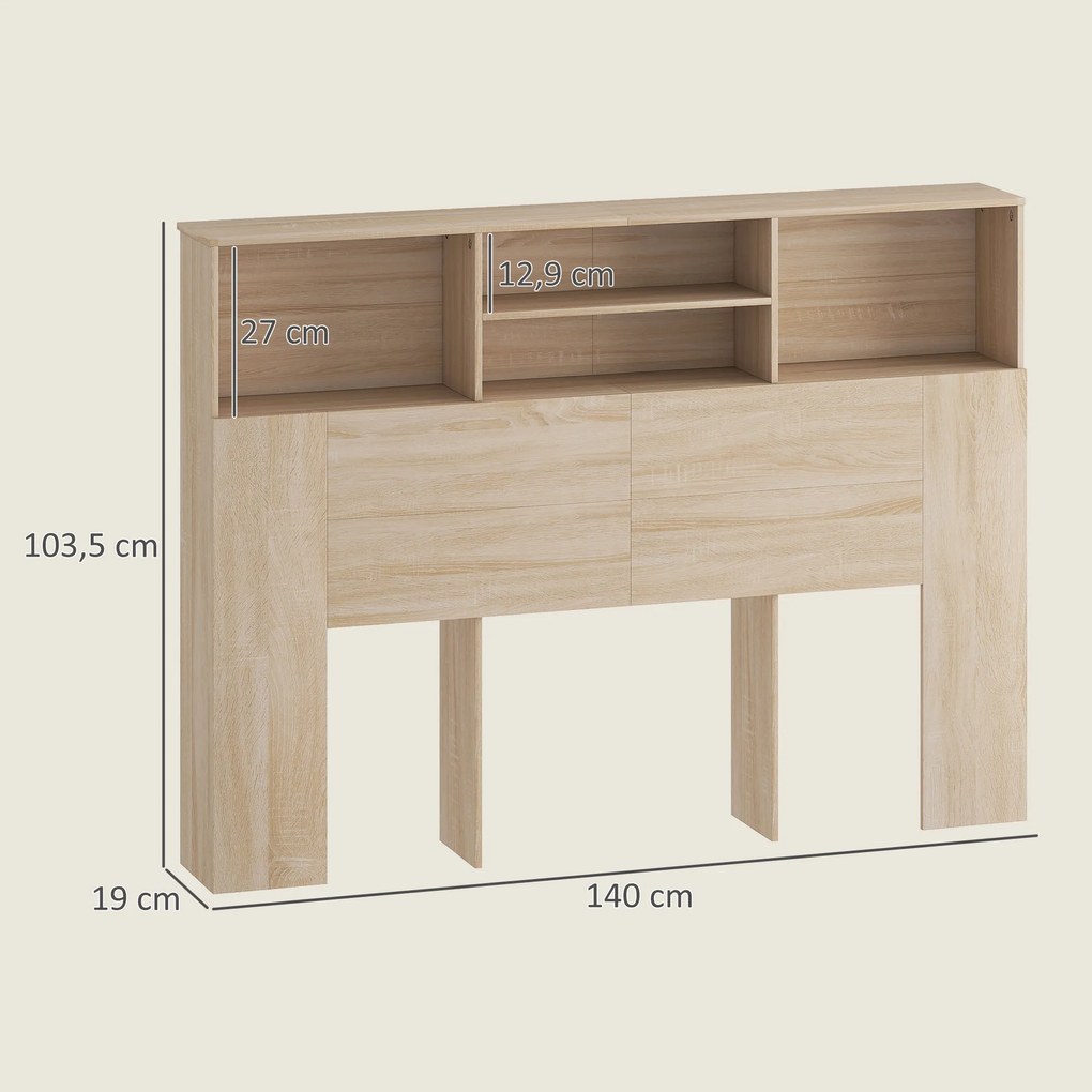 Cabeceira de cama com pés e arrumação, acessório de cama com 4 compartimentos abertos, 140 x 19 x 103,5 cm, efeito de madeira natural