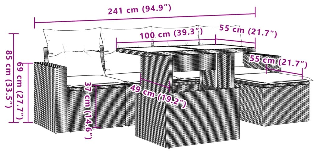 6 pcs conjunto de sofás jardim c/ almofadões vime PE castanho