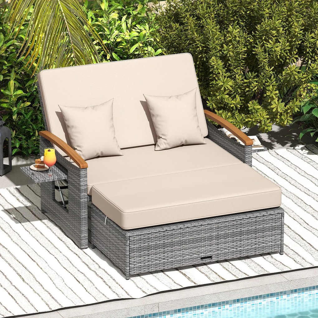 Conjunto de Sofá-Cama de Jardim, Otomana de Arrumação e 2 Mesas Laterais, 164 x 72-111 x 54,5-88 cm, Encosto Regulável em 4 Níveis, Cinzento e Bege