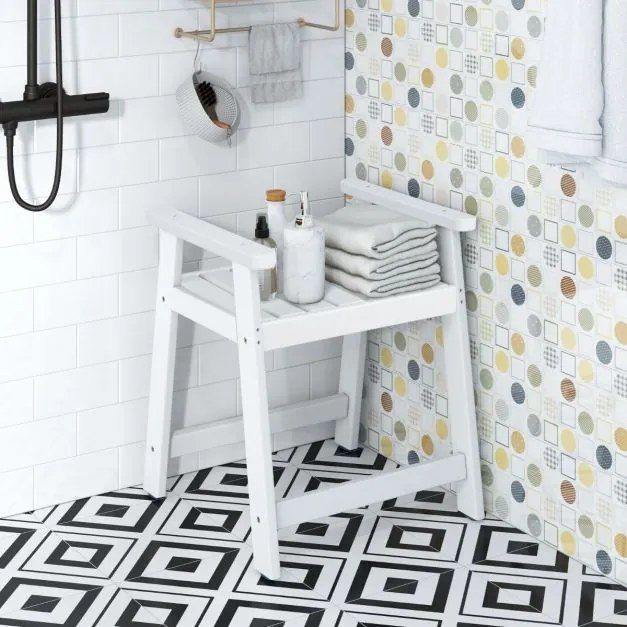 Banco de banho com braços, banco impermeável para casa de banho, 58 x 52 x 61,5 cm, branco