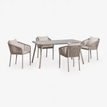 Conjunto De Mesa Retangular 160x90 Cm E 4 Cadeiras De Jantar Em Corda Trançada Arhiza Classic Moka Brown - Sklum