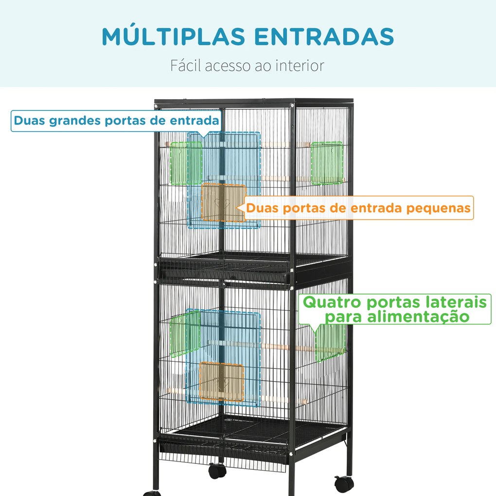 Gaiola para Pássaros com Rodas de 2 Níveis  com Bandejas Removíveis Portas Comedouros Poleiros 51,5x50x140 cm Preto