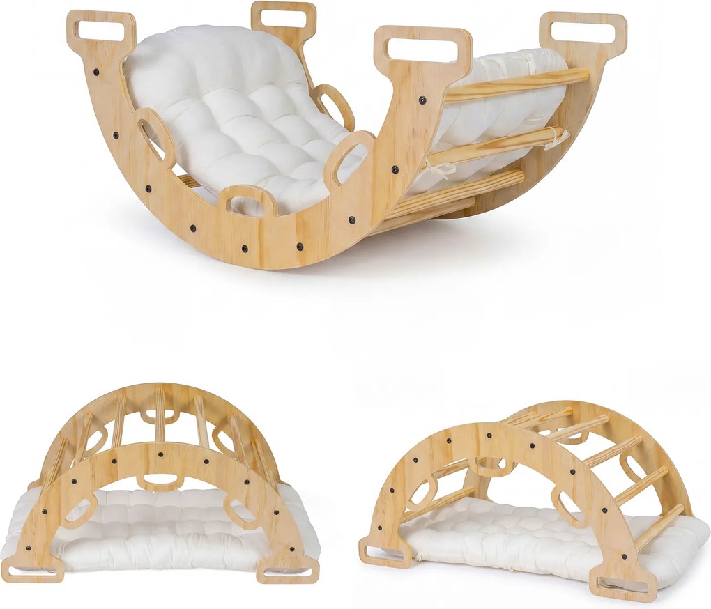 Arco de escalada 3 em 1 bebés Montessori em madeira com almofada e baloiço para interior, a partir de 1 ano, 81 x 48,5 x 38,5 cm, natural